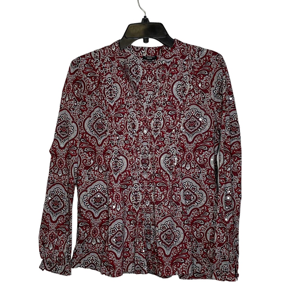 Talbots Blouse Size Small Burgundy White Floral With Sequin 100% Cotton Womens